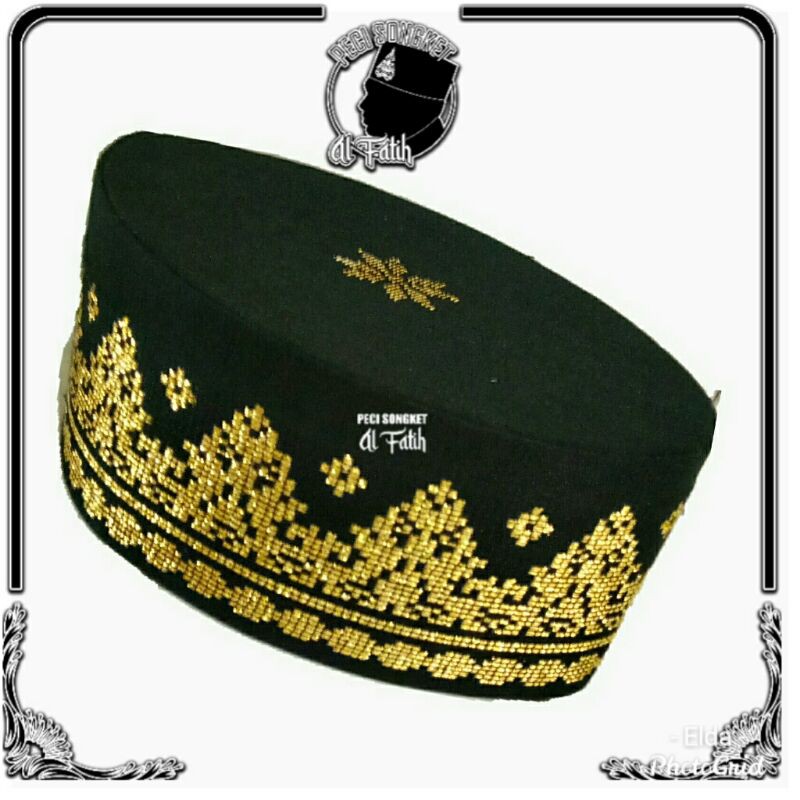 Peci songket motif pucuk rebung hitam gold