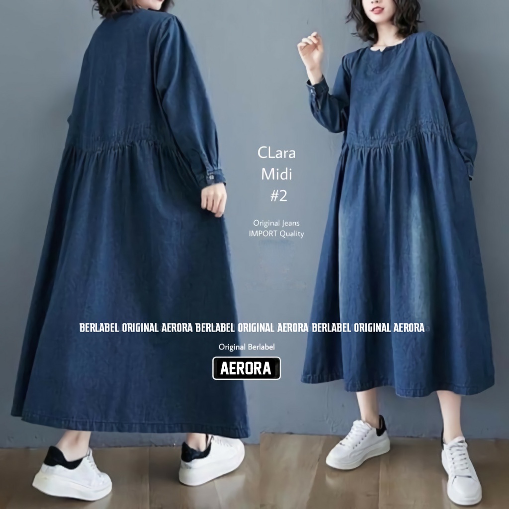Clara Midi Dress Dres Jeans Korea Jumbo Muslim Korean Style Wanita Terbaru 2022 Premium Import Ld 120 P 125 Allsize
