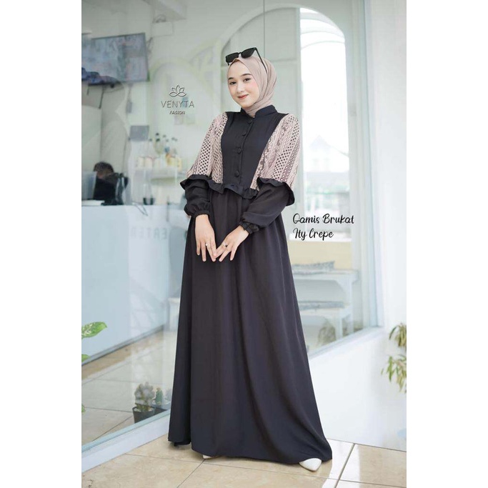 Gamis ItyCrepe Kombinasi brokat Rania Dress Baju Muslim Wanita Terbaru Bahan Itycrepe Premium Busui 