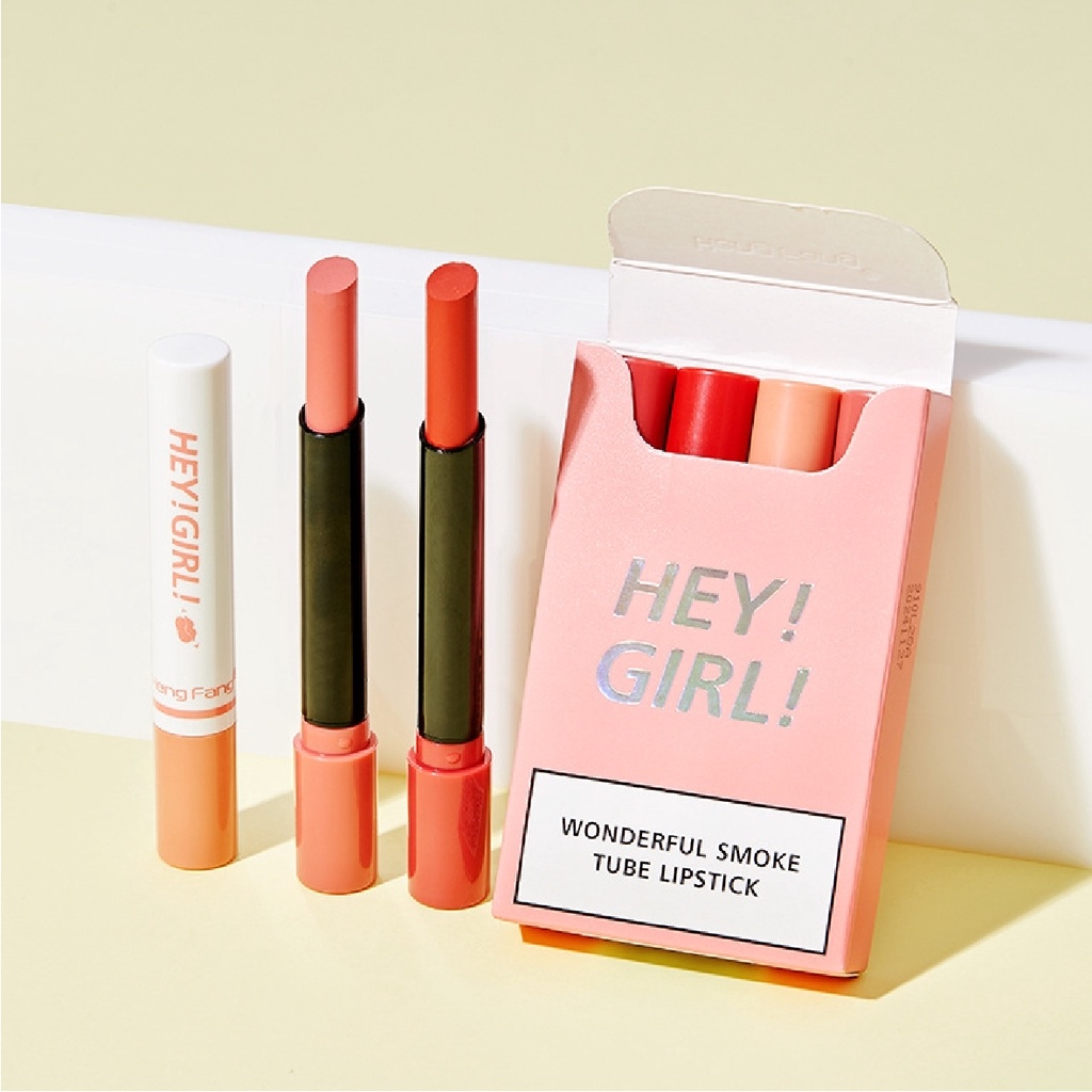 (4 IN 1) Lipstick HengFang Hey Girl Smoke Lips Lipstick Matte 4 Warna Tahan Lama Gaya Korea