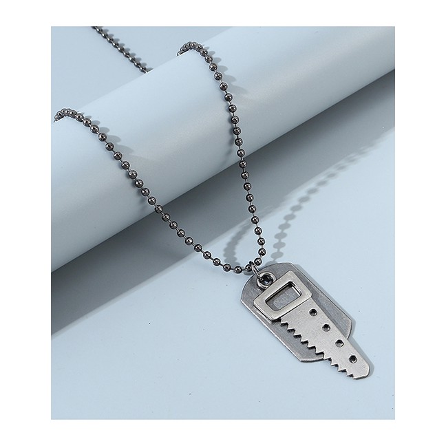 LRC Kalung Fashion Silver Small Saw Geometric Bead Chain Mens Necklace Y64699