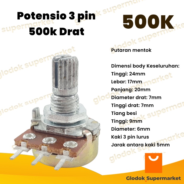 Potensio 3 pin 500k Drat Mono Kaki 3 Lurus Potentio Meter 504