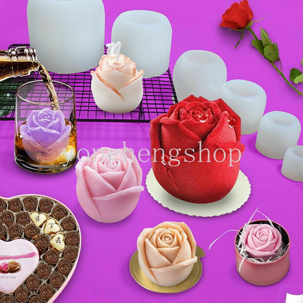 Cetakan Lilin Pudding Es Batu Coklat Fondant Bentuk Bunga Mawar 3D Bahan Silikon Resin Untuk Baking