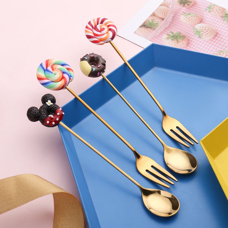 CUTE TEA SPOON FORK SENDOK TEH DESSERT MINI GOLD STAINLESS PREMIUM