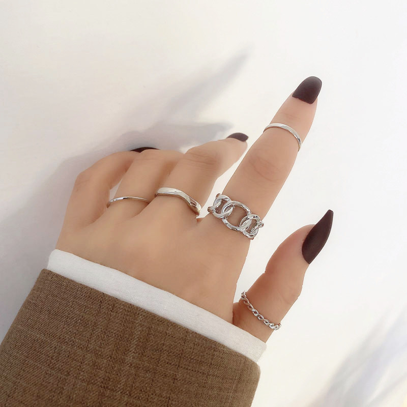 5pcs Cincin Rantai Model Lebar Desain hollow out Gaya Jepang Dan Korea Selatan Untuk Wanita