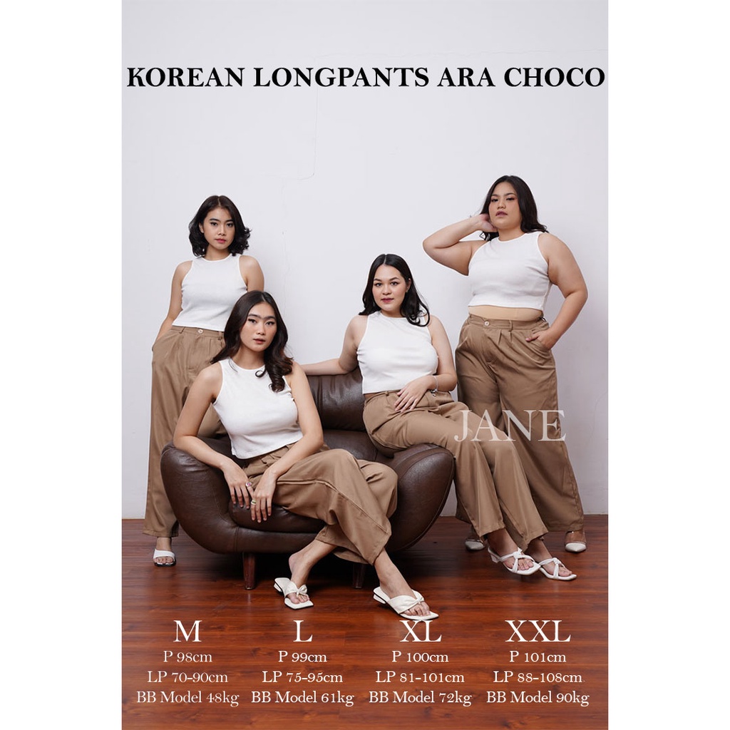 JANE COLLECTION || Celana Kain Formal Kerja Wanita Kulot High Waist Fashion Celana Panjang Jumbo Kantor Korea Bahan Pinggang Karet Kancing - Korean Longpants Ara BIGSIZE M L XL XXL Hitam Putih Olive Khaki Cream Choco