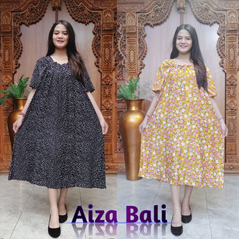 Dress Daster Kerut Nadira Motif Bintik Bintang Rayon Super Korea Style Lengan Pendek Premium Bali Te