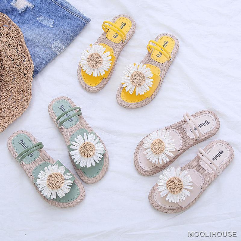 Sandal Selop Flat Open Toe Aksen Bunga Daisy Kecil Untuk Sandal Selop Flat Open Toe Aksen Bunga Daisy Kecil Untuk