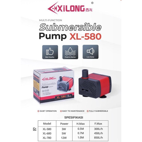 POMPA CELUP AQUARIUM MINI XILONG XL - 580  XL - 680 XL - 780 LOW WATT DAYA RENDAH