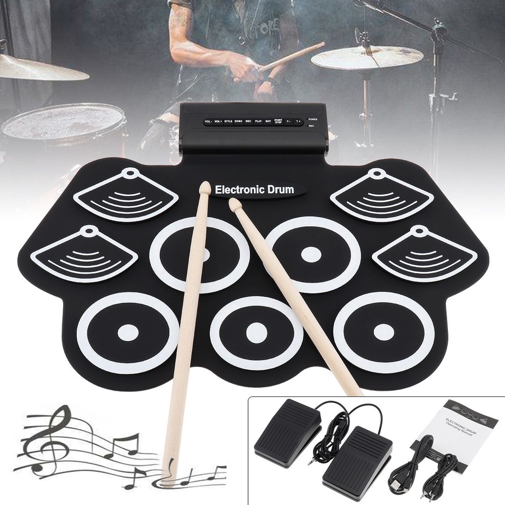 9 Pad Drum Elektrik Bahan Silikon Tebal Dengan 1 Pasang Stik Dan Pedal Sustain