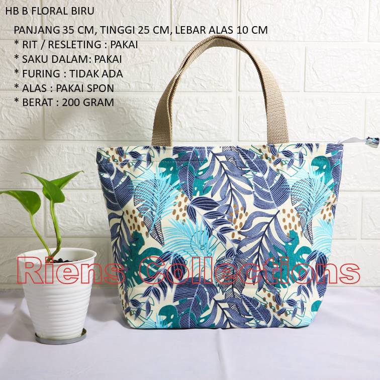 RIENS COLLECTIONS. HANDBAG BESAR BAHAN KANVAS MOTIF FLORAL BIRU
