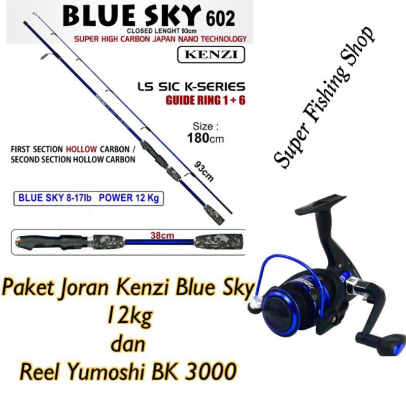 Paket Joran Kenzi Blue Sky 180cm 12kg dan Reel Yumoshi BK 3000