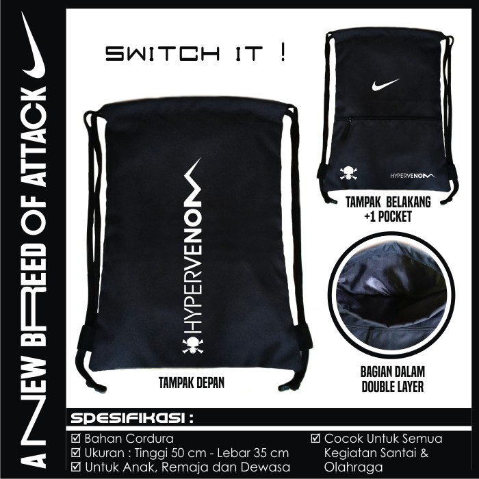 TAS RANSEL GYMSACK SERUT DRAWSTRING NIKE HYPERVENOM 2F HITAM