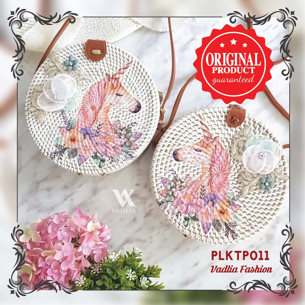 Tas rotan wanita bali slingbag bunga flower bordir unicorn vadlia PLKTP011