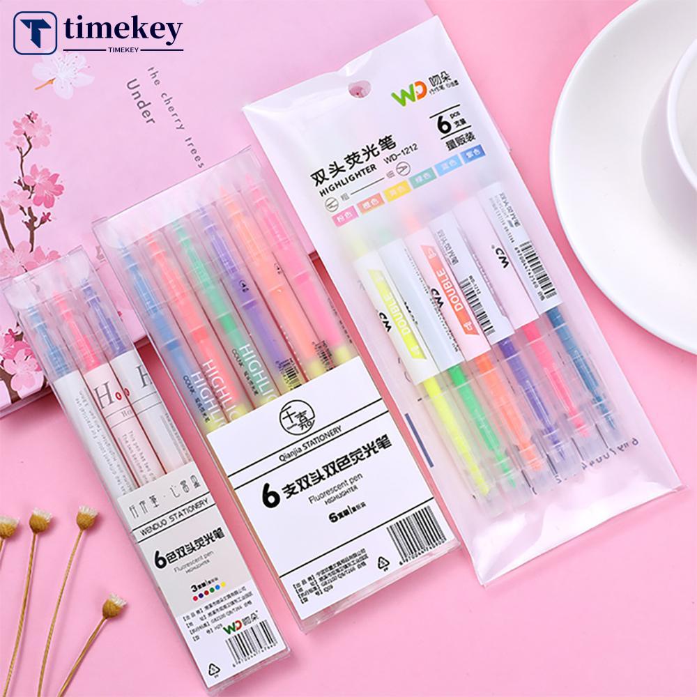 Timekey 3 / 6 Pcs Spidol Highlighter Dua Sisi Warna-Warni Untuk Sekolah / Kantor W8Y1