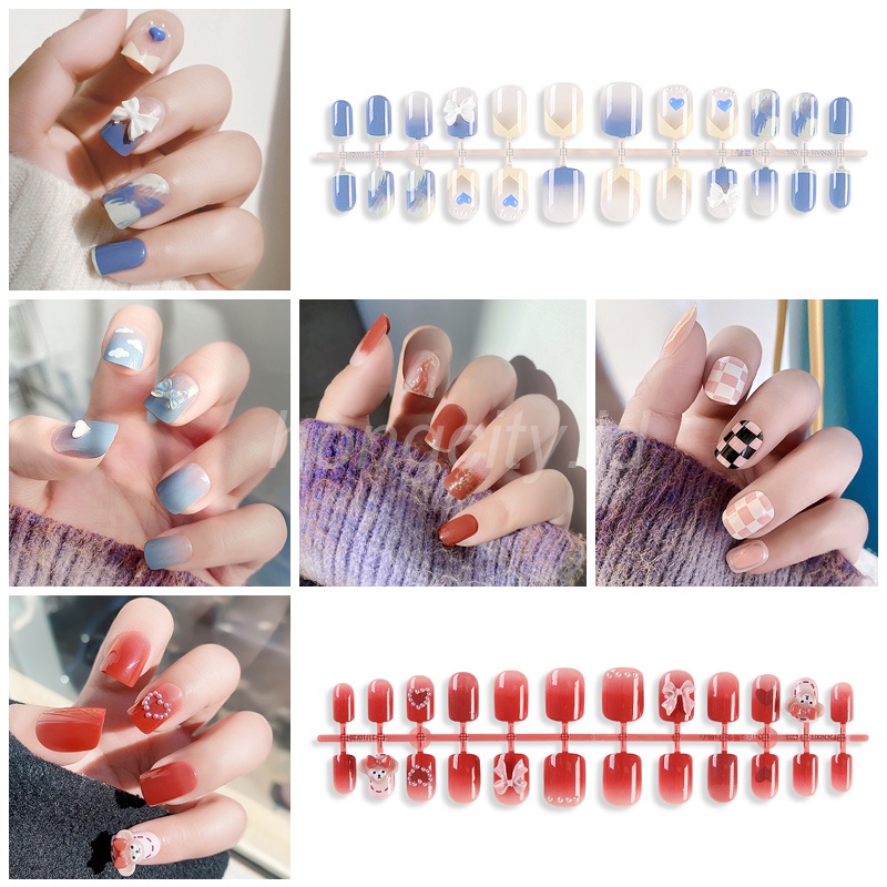 24pcs / Set Kuku Palsu Akrilik Motif Langit Biru / Awan Putih Untuk Dekorasi Nail Art