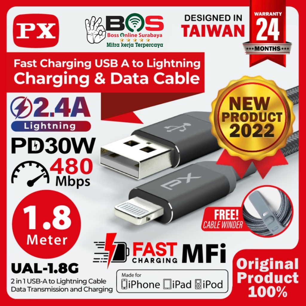 Kabel Data USB A to Lightning Fast Charging MFi 1.8m PX UAL-1.8G