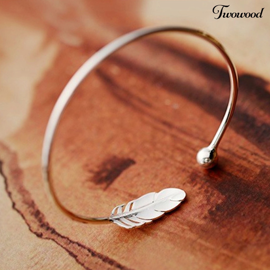 Twowood Silver Color Round Cuff Bracelet Copper Angel Feather Adjustable Simple Bangle for Valentine Day