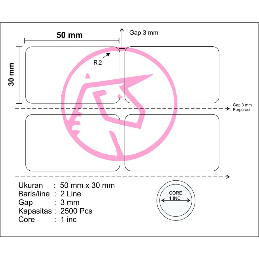 50x30 mm / 50x30mm SEMICOAT 2 LINE 2500PCS CORE 1&quot; LABEL STICKER UNICORN 50 x 30