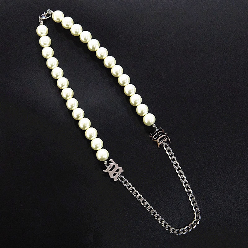 19169Temperament Pearl Letter Titanium Steel Necklace，Bundi hip hop chain stitching clavicle chain