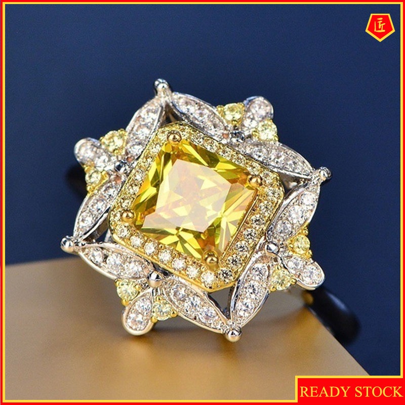 [Ready Stock]Yellow Square Diamond Ring Luxury Fashion Elegant