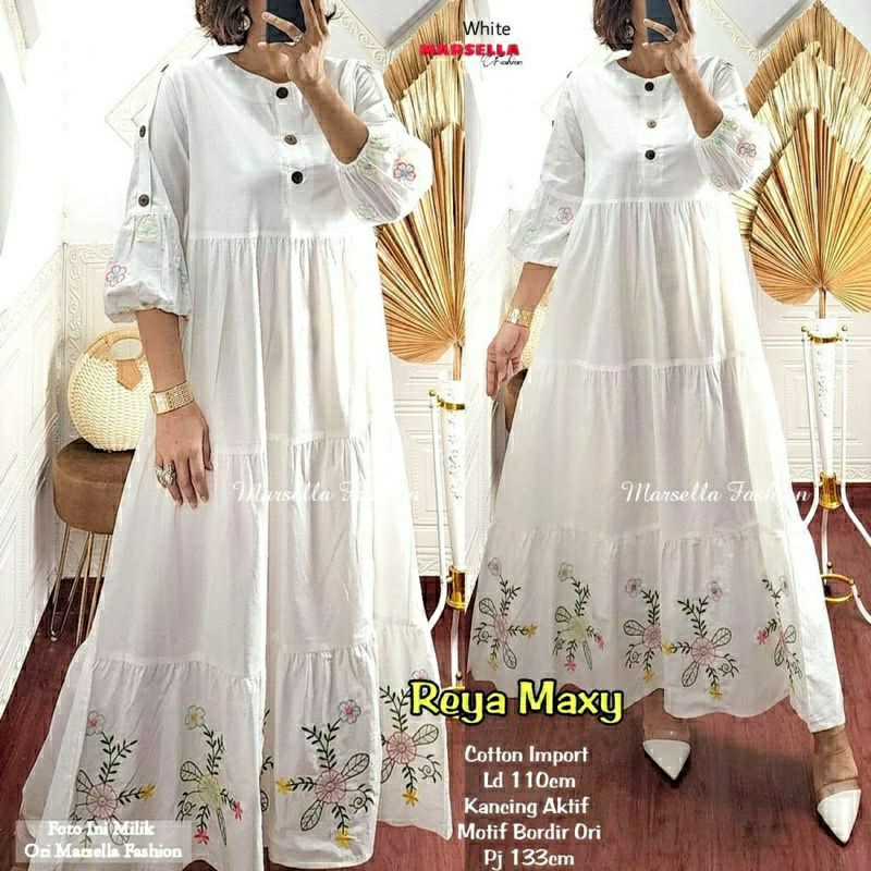 Reya Maxy, GAMIS WANITA MUSLIM CANTIK MODIS FIT XL LD 106 BAHAN KATUN IMPORT MIX BORDIR TERMURAH OOTD