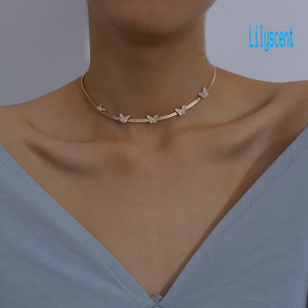 Kalung Choker Liontin Kupu-Kupu Aksen Berlian Imitasi Warna Solid Untuk Wanita