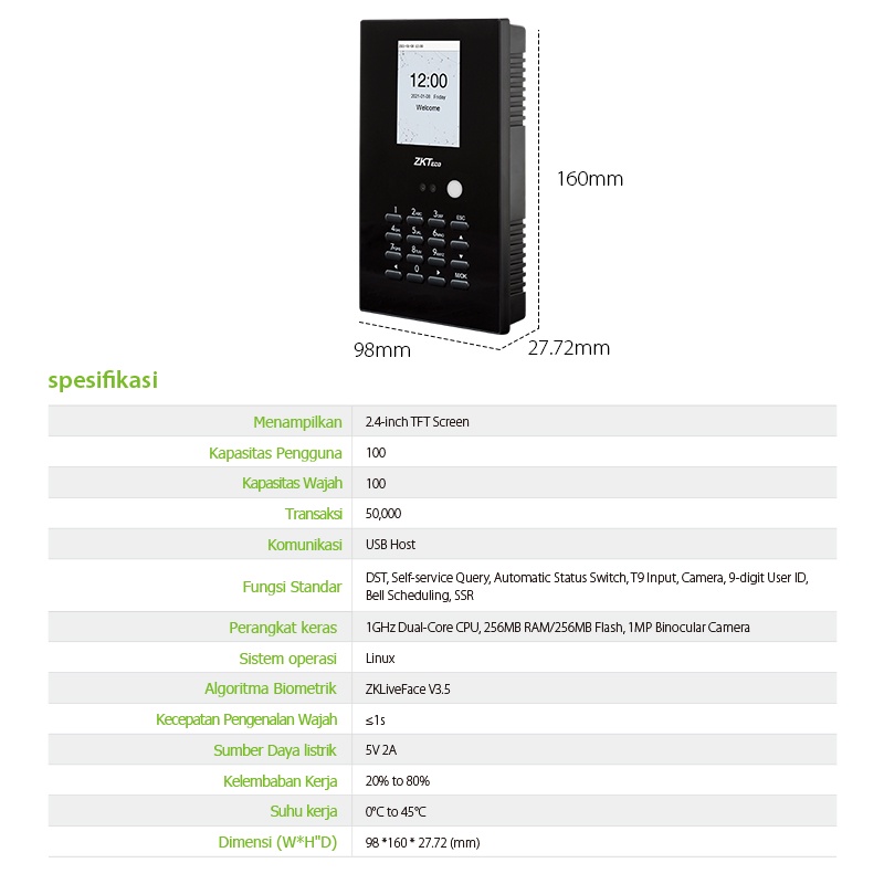 ZKTeco Mesin absensi Akses Kontrol Mesin Absen Wajah Unduh USB/LAN，SSR Excel Software