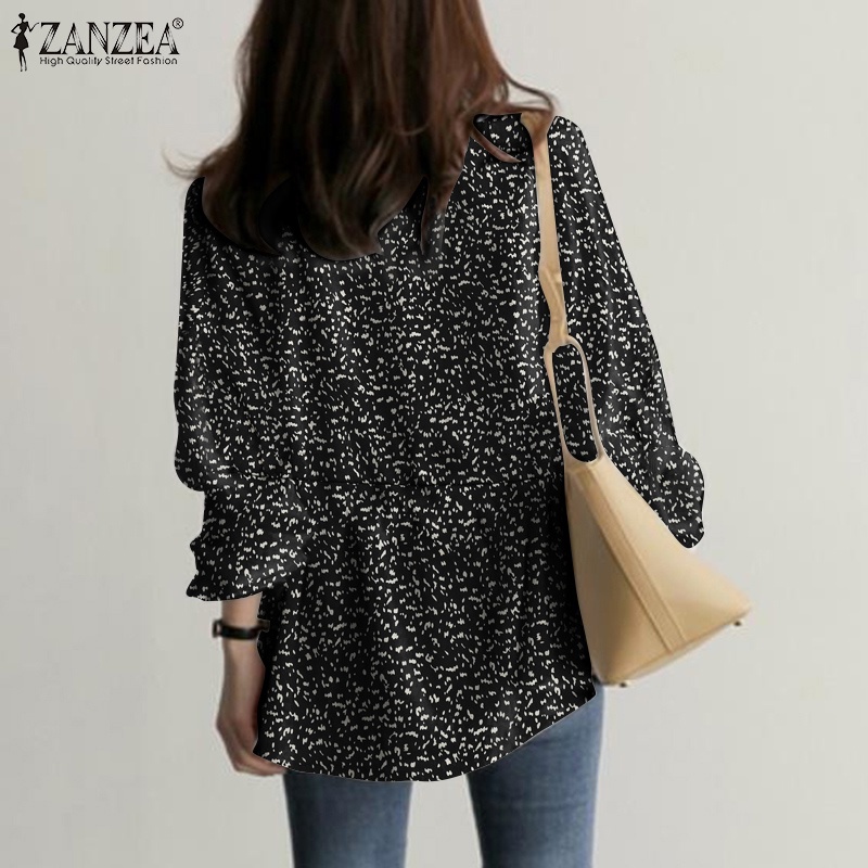 ZANZEA Fashion Women Shirt V Neck Drawstring Waist Printed Full Sleeve Casual Loose Blouse