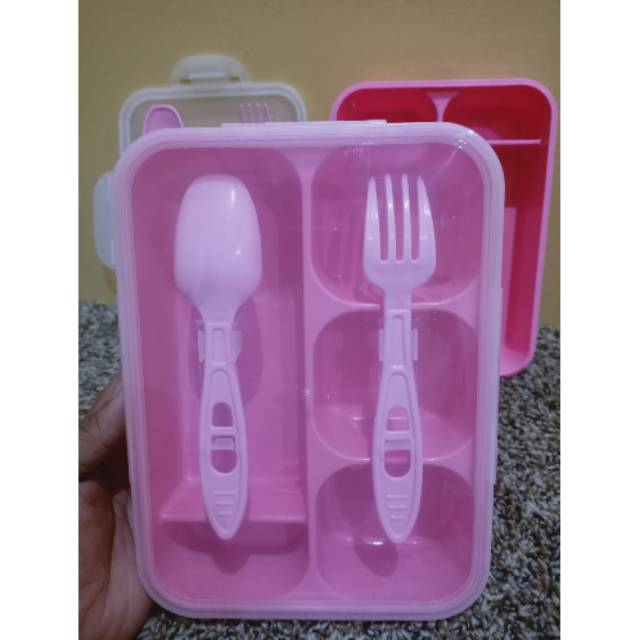 Lunch box/ Tempat makan sekat 5 sendok garpu  pink golden lemon termurah