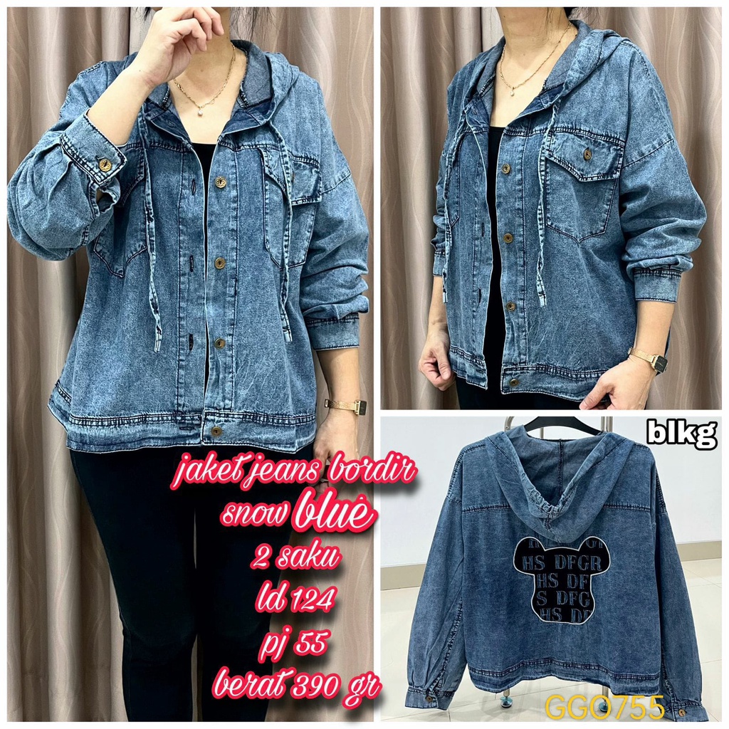 GGO755 Jaket Wanita Jeans Bordir SNow Blue Saku LD124 PJ55 Mickey Mouse