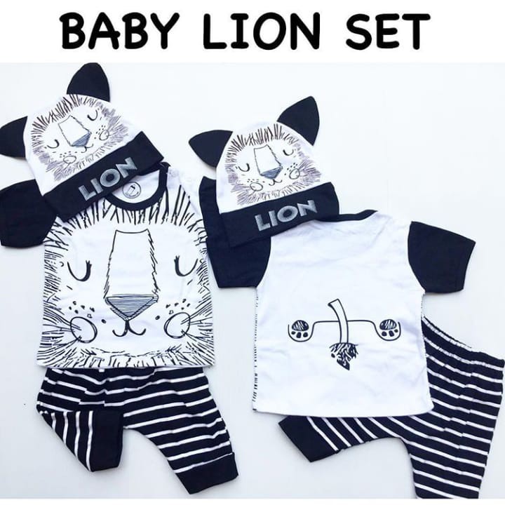 Baju setelan kaos celana topi motif singa lucu pergi jalan fashion anak bayi cowok laki murah -bab