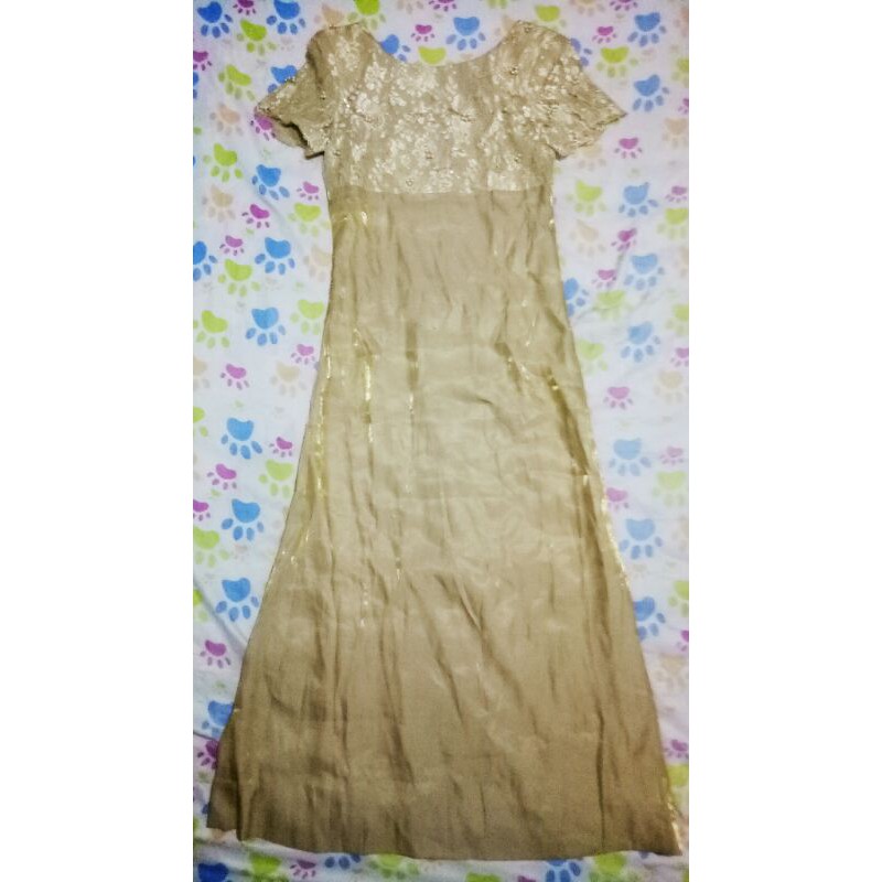 Dress Gold Glossy 120cm Gaun Pesta Party Size M Wanita Branded Mewah Preloved Glitter Brokat Brukat