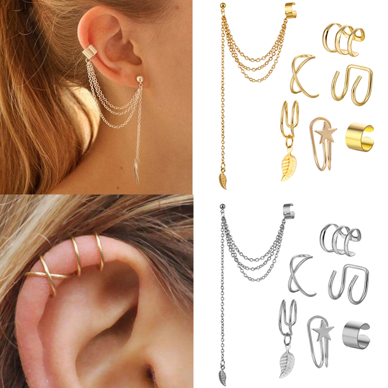 7pcs / 5pcs / Set Anting Tusuk / Klip / Cuff Desain Rumbai Gaya Minimalis Untuk Wanita