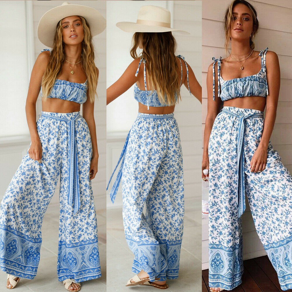 Two Pieces Set Women Sexy Summer Backless Crop Top and Pants Sets Ladies Boho Floral Suits