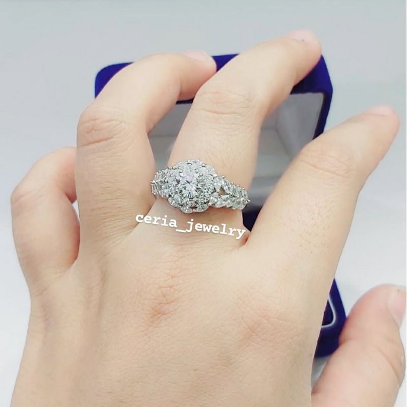 Cincin Perak Asli Silver Wanita 925 Lapis Emas Putih Model Bunga Terbaru - Perhiasan Perak