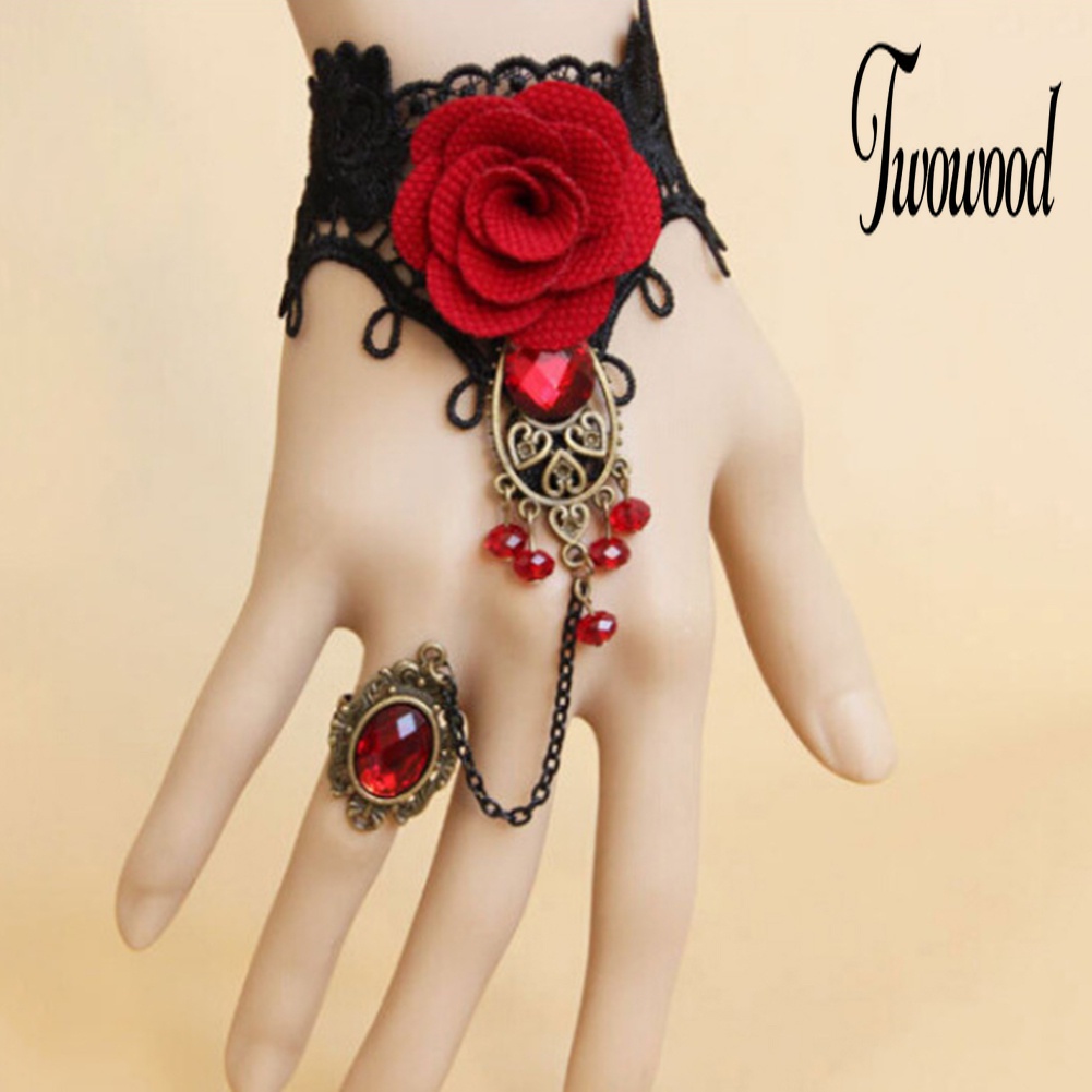 Gelang Cincin Jari Bahan Lace Motif Bunga Mawar Gaya Gothic Untuk Wanita