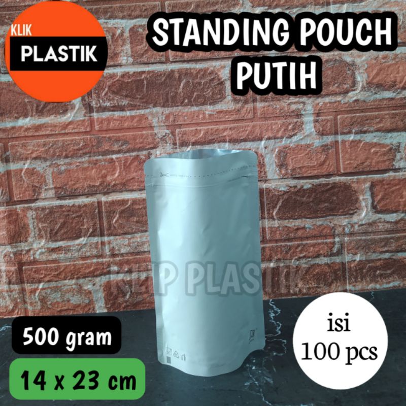 Isi 100 Standing Pouch putih SUPER ALUMINIUM FOIL 500 gram KPACK
