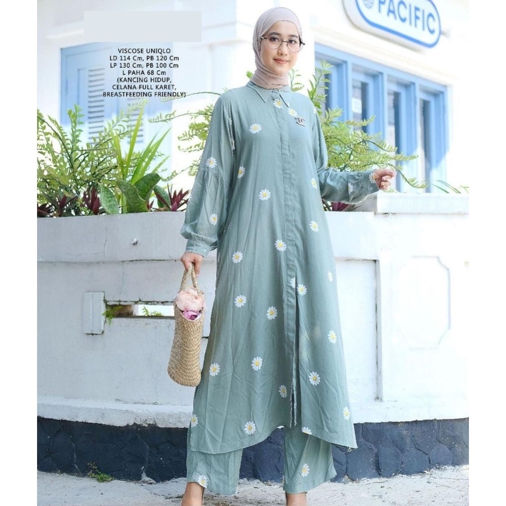 SALE - Longset Setelan Long Tunik + Celana panjang Daisy Flower Sage Green Hijau fit XL XXL jumbo 2X