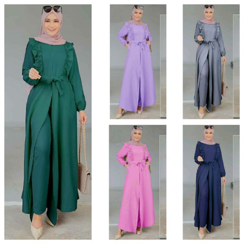SETCEL TUNIK LONG CARDY POLOS DAILY SET CELANA SETELAN WANITA MOSCREPE - ABASTORE