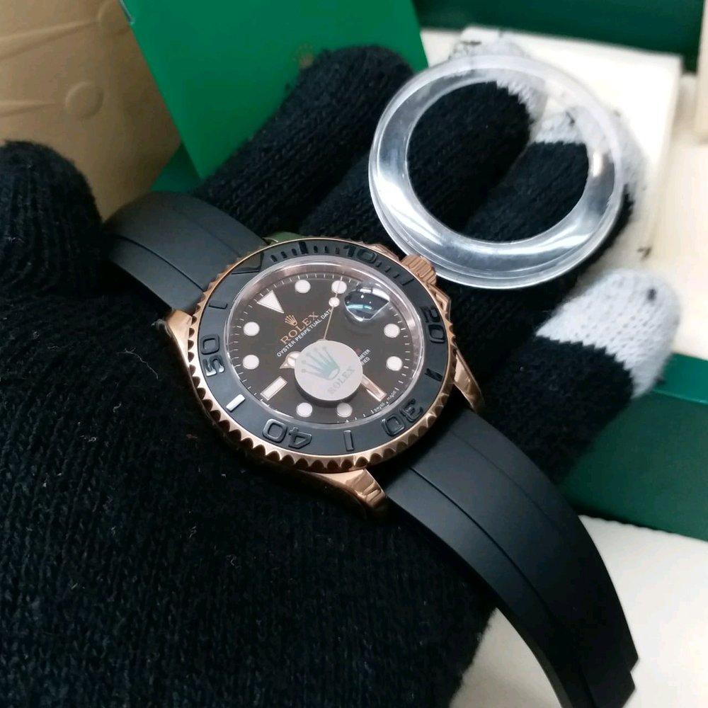 GJ FULL SET REGULER ROLEX YACHT MASTER ROSE GOLD CASE BLACK CERAMIC BEZEL SAPPHIRE SUPERLUMED ON