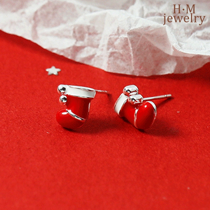 Anting Tusuk Sterling Silver 925 Desain Kaos Kaki Natal Warna Merah Untuk Wanita