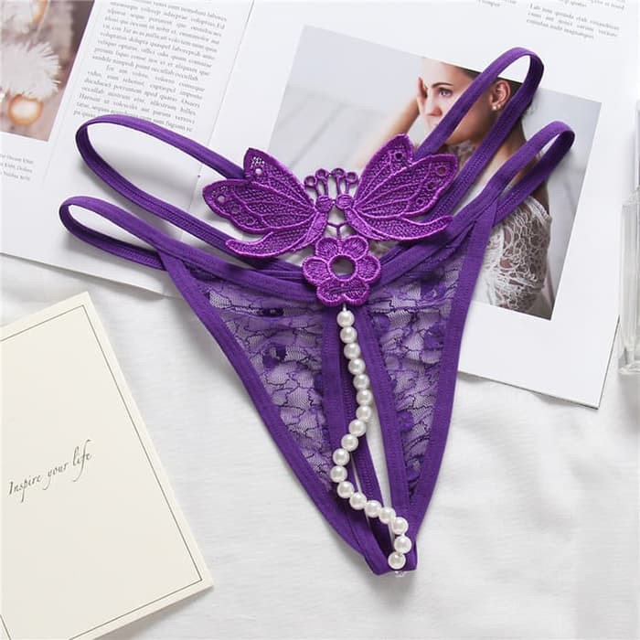CD Wanita gstring celana dalam mutiara sexy open crotch transparan lingerie C092 - Ungu Murah