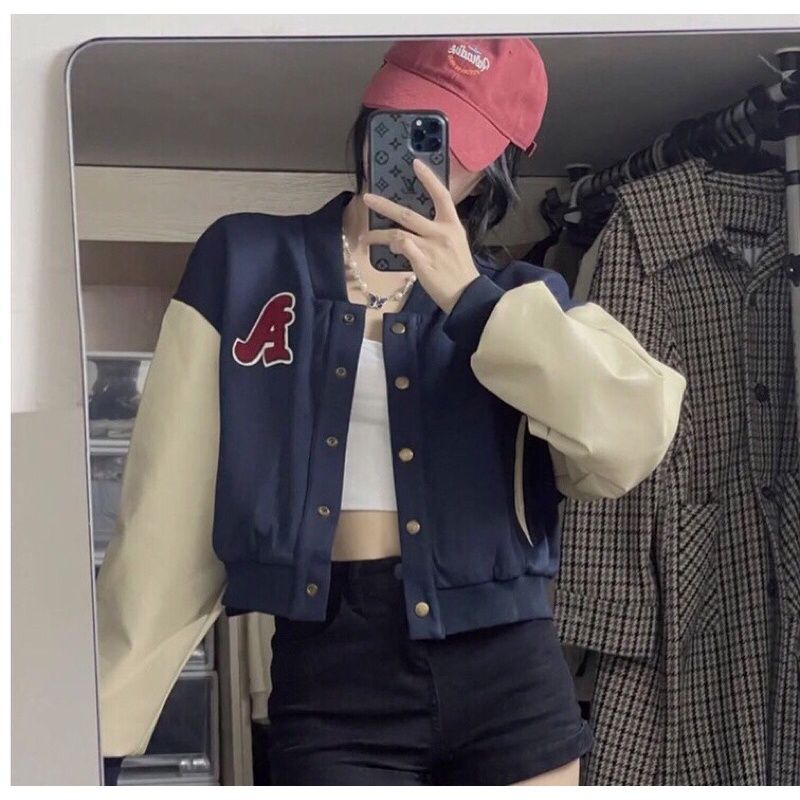 ilook | Jaket Varsity Wanita Croope A Baseball | Jaket Crop Korean Style