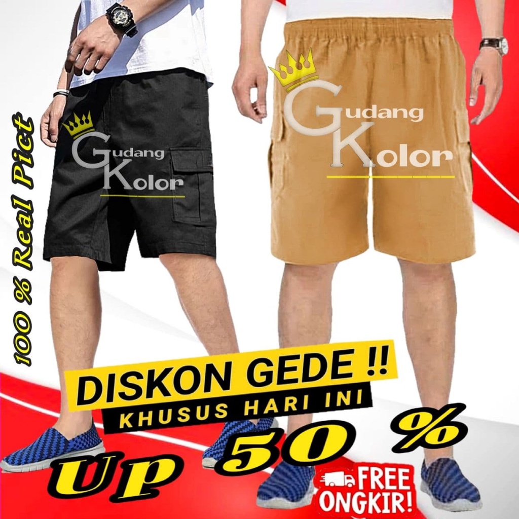 Celana Pendek Pria Cargo Santai Cowok Dewasa 3/4 Short Pants Harian Laki Laki Selutut Pinggang Karet
