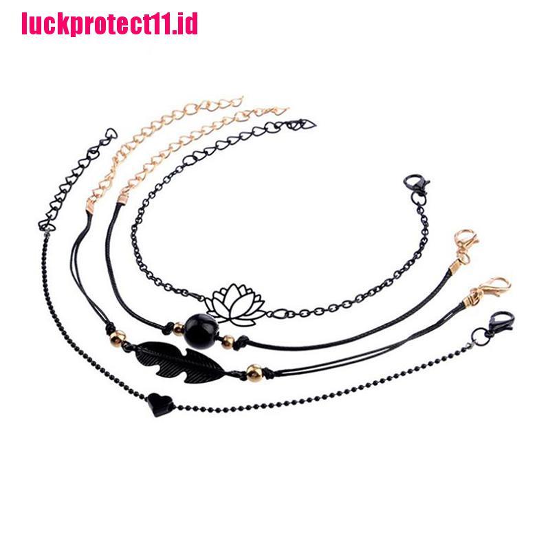 (LUCK) 4pcs / set Gelang Tangan Rantai Aksen Bulu / Lotus Warna Hitam Gaya Boho Untuk Wanita