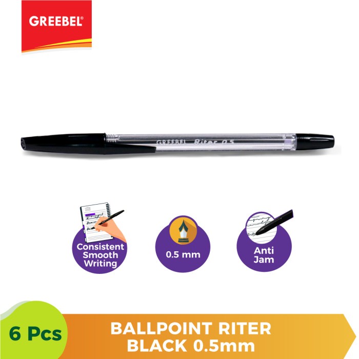 Ballpen Hitam Pulpen Greebel Ballpoint Riter0.5 Black - 6pcs.