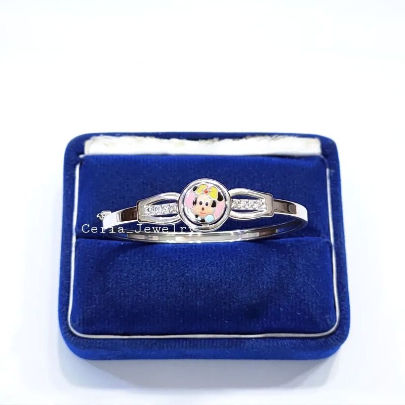 Gelang Perak Anak Asli Silver 925 Lapis Emas Putih Model Bangle Karateker Mickey - Perhiasan Anak