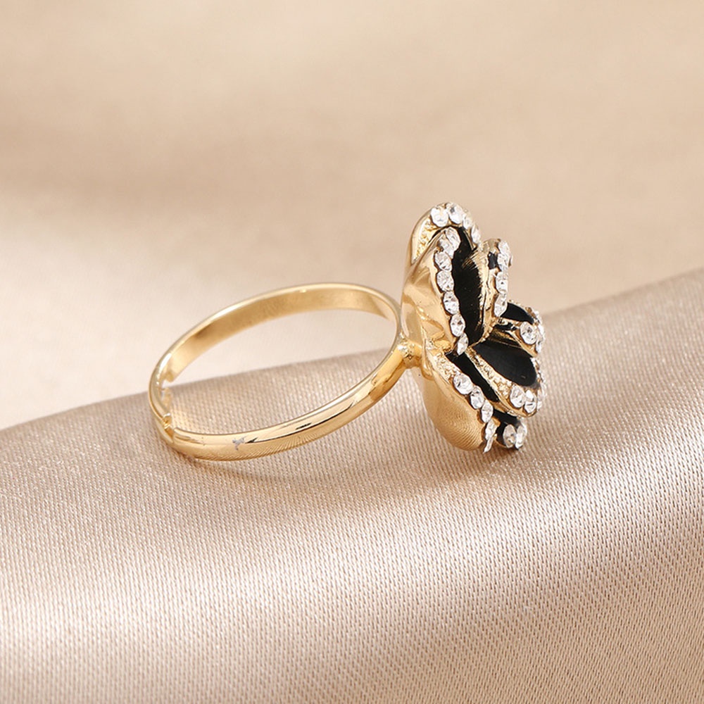 Cincin Wanita Bentuk Bunga Mawar Hitam Adjustable Warna Emas Gaya Vintage Untuk Hadiah Valentine