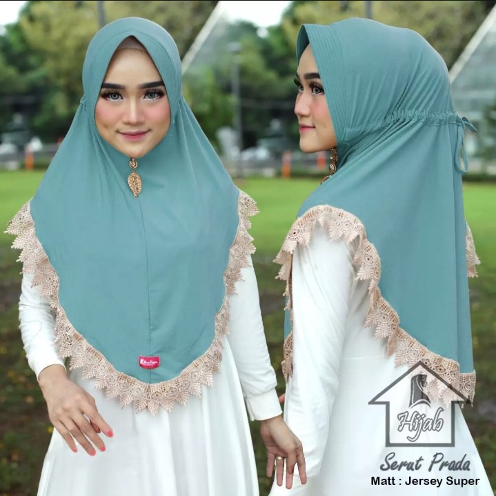 Jilbab Instan Serut Prada Renda Import Jersey Super Premium Model Bergo Terbaru-Biru Wardah